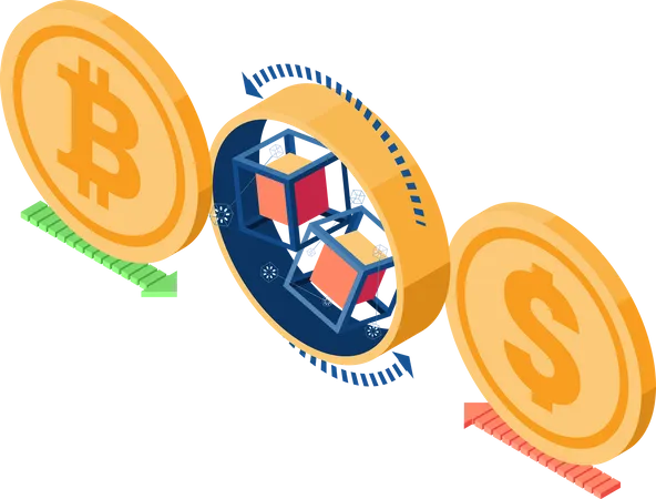 Flat 3 D Isometric Bitcoin And Dollar Coin Exchange Through Blockchain Bitcoin And Cryptocurrency Exchange Platform Illustration