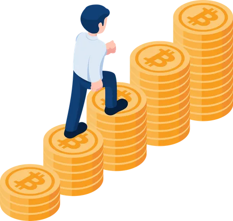 Flat 3 D Isometric Businessman Walking Up On Growth Bitcoin Satck Bitcoin And Cryptocurrency Investment Concept Illustration