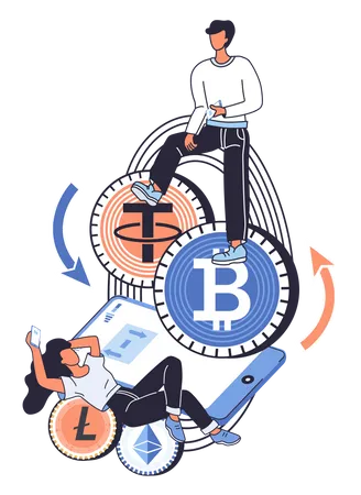 People Conduct Transactions With Cryptocurrency Cartoon Characters Use Smartphone App For Analysis Of Trading Platform Investment In Blockchain Technology Mining And Exchange Of Digital Currency Illustration