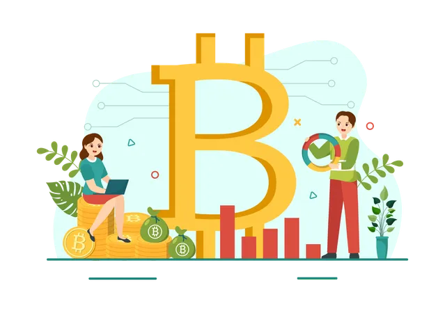 Bitcoin Vector Illustration With Cryptocurrency Coins Of Blockchain Technology Buy Or Sell Trading Crypto Market Exchange Value In Flat Background Illustration
