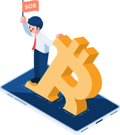 Flat 3 D Isometric Businessman Standing On Sinking Bitcoin Bitcoin And Cryptocurrency Market Crash Concept Illustration