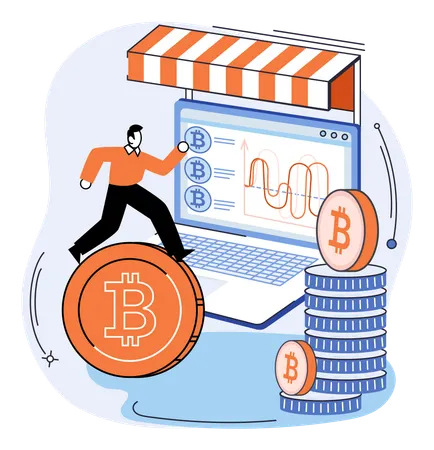 Cryptocurrency marketplace design with man crypto trader works with laptop  Illustration