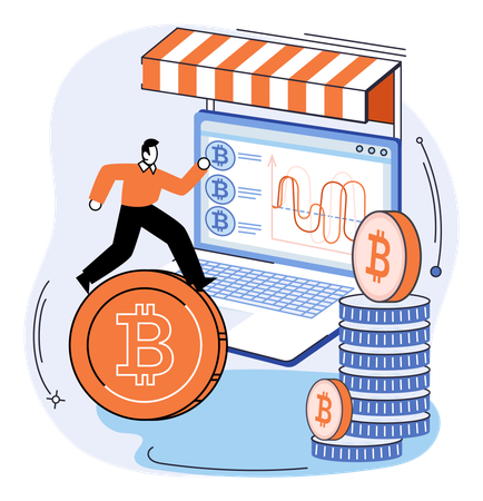 Cryptocurrency marketplace design with man crypto trader works with laptop  Illustration