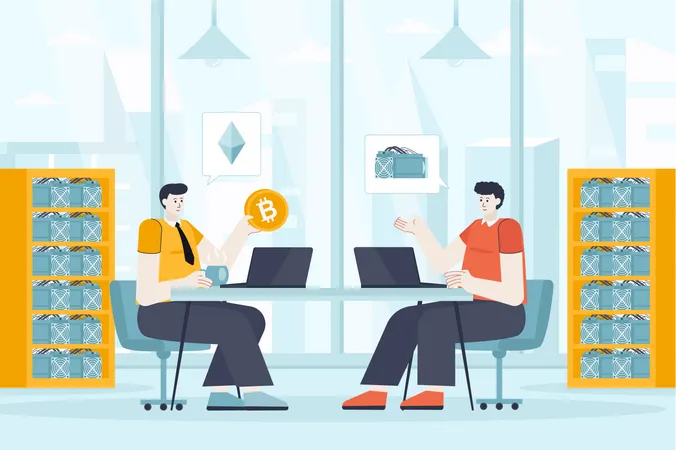 Cryptocurrency Mining Concept In Flat Design Men Make Digital Money Scene Miners Use Blockchain Technologies Earn Bitcoins Finance Profit Vector Illustration Of People Characters For Landing Page Illustration