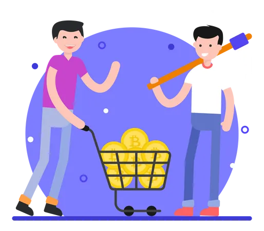 Person With Pickaxe And Bitcoin Trolley Concept Of Cryptocurrency Mining Flat Illustration 일러스트레이션