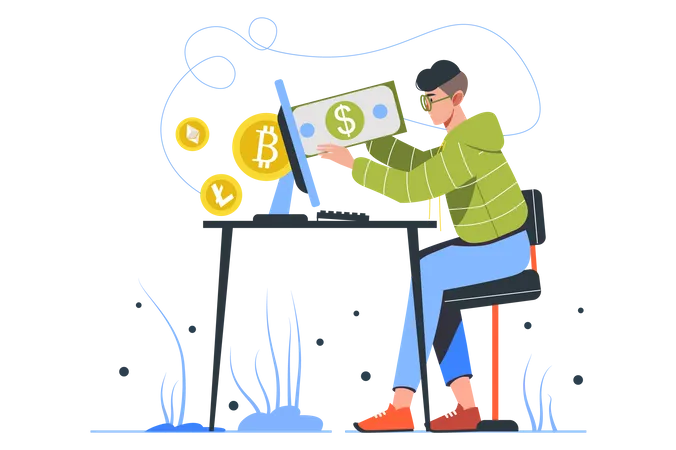 Cryptocurrency Mining Modern Flat Concept Young Man Invests Money In Digital Currency And Buys Bitcoins Crypto Business And Trading Vector Illustration With People Scene For Web Banner Design Illustration