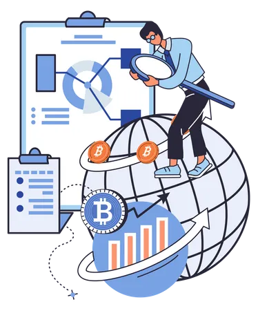 Cryptocurrency Miner Or Trader Stock Exchange Player Bitcoin Investor Analyzes Sales With Charts People And Money Financial Success Currency Trade Concept Blockchain Transaction Technology Illustration