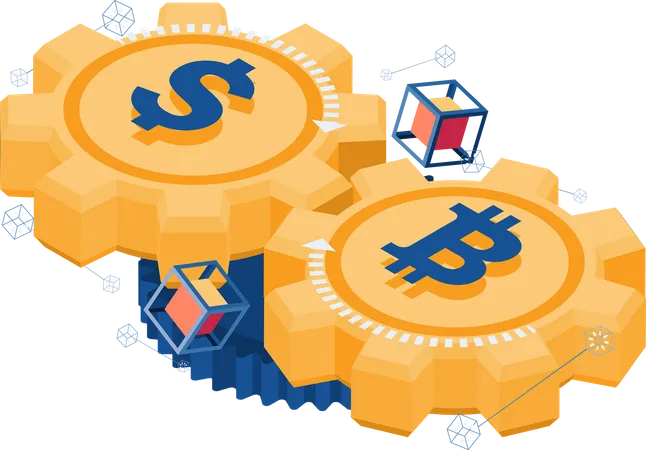 Flat 3 D Isometric Bitcoin And Dollar Gear Mechanism Working Together Bitcoin And Cryptocurrency Concept Illustration