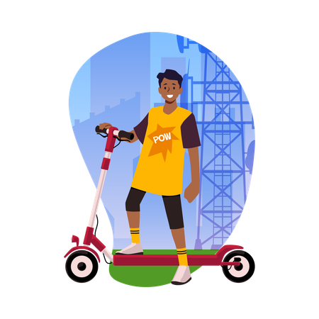 Ctive boy riding electric walk scooter on cityscape  Illustration