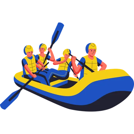 Cuatro hombres haciendo rafting  Ilustración