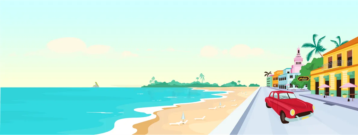 Cuba Beaches Flat Color Vector Illustration Havana Seaside With Colorful Traditional Building And Vintage Car Summer Resorts In Cuba 2 D Cartoon Landscape With Sky Scape On Background イラスト