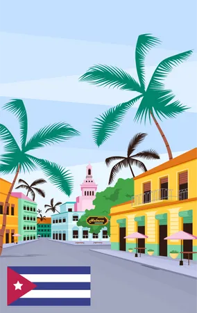 Cuban Old Street Poster Flat Vector Template Havana Traditional Colorful Buildings Brochure Booklet One Page Concept Design With Cartoon Objects Summer Holiday Flyer Leaflet イラスト
