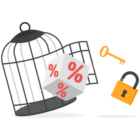 Cube block with percentage symbol with key free himself from cage  Illustration