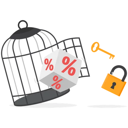 Cube Block With Percentage Symbol Icon With Key Free Himself From Cage Interest Financial And Mortgage Rates Vector Illustration Illustration