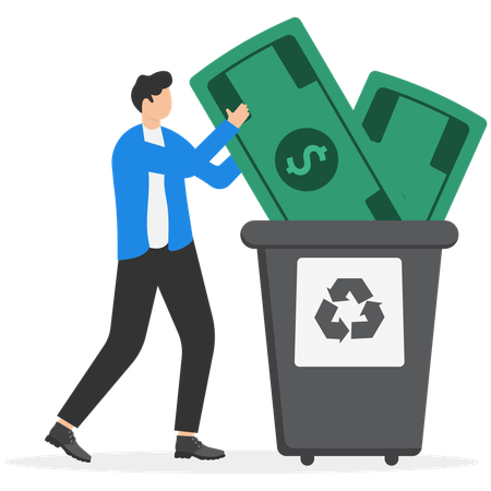 Cubo de basura con dinero desechado  Illustration