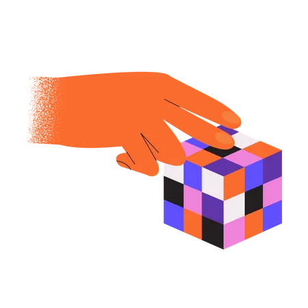 Sostenga Con La Mano El Cubo De Rubik Juego De Personajes Con Cubo Magico Ilustración
