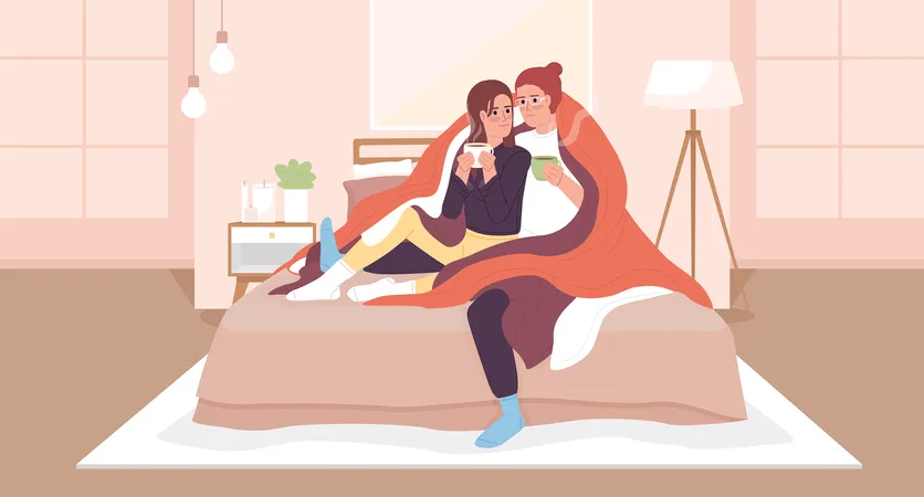 Cuddling To Stay Warm Without Electricity Flat Color Vector Illustration Couple Hugs Power Outage Hero Image Fully Editable 2 D Simple Cartoon Characters With Cozy Bedroom Interior On Background Illustration