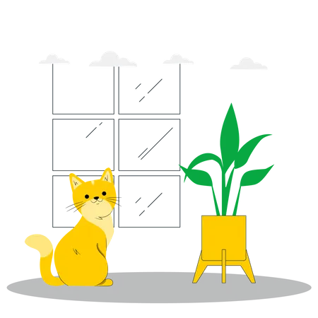 Gato sentado perto da planta  Ilustração