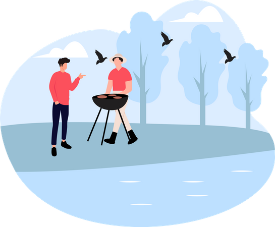 Cuisiner un barbecue en forêt  Illustration