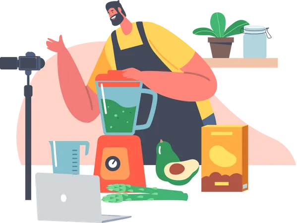 Un blogueur culinaire réalise une vidéo de recette de cuisine  Illustration