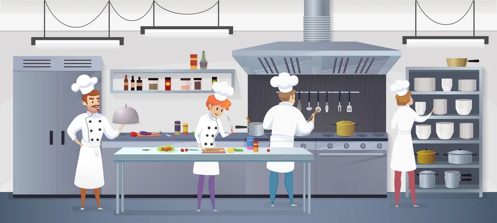 Cuisine commerciale avec des personnages de dessins animés Chef Cook Dish Dinner  Illustration