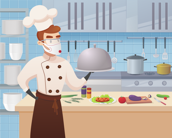 Cuisine commerciale avec des personnages de dessins animés Chef Cook Dish Dinner  Illustration