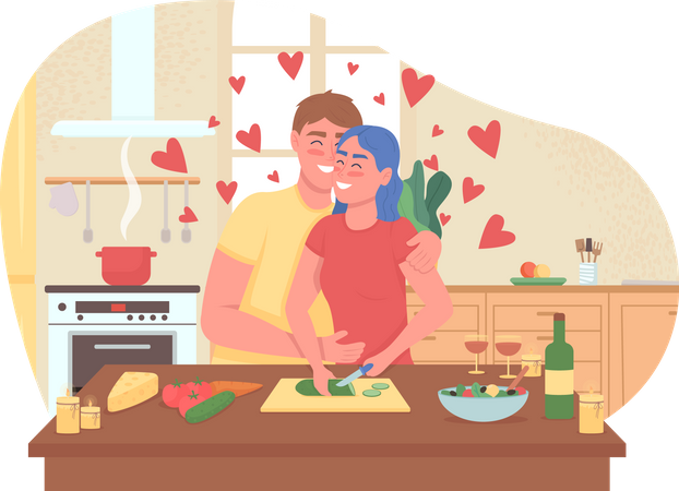 Couple, cuisine, dîner romantique  Illustration