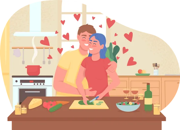 Couple, cuisine, dîner romantique  Illustration