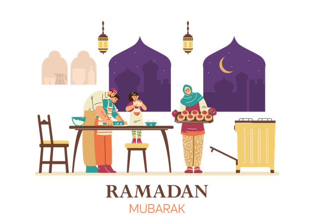 Une famille musulmane cuisine pour le Ramadan  Illustration