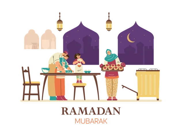 Une famille musulmane cuisine pour le Ramadan  Illustration