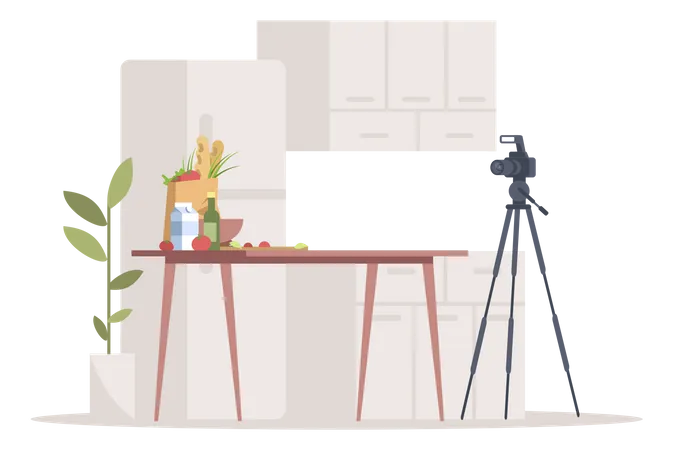 Culinary Blog Semi Flat RGB Color Vector Illustration Camera And Food Products On Table Isolated Cartoon Objects On White Background Healthy Eating Vlog Educational Cooking Video Recording Illustration