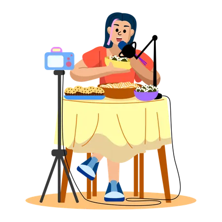 This Illustration Showcases A Content Creator Recording A Culinary Podcast Emphasizing The Fusion Of Food And Media Illustration