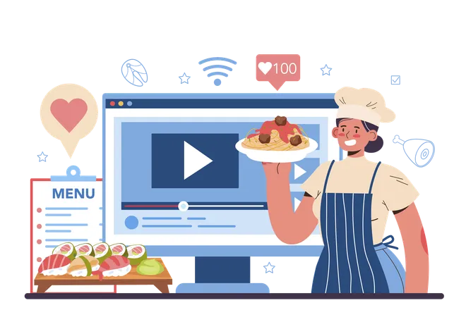 Chef Online Service Or Platform Culinary Specialist Making And Serving A Tasty Dish According Cooking Technology Online Lecture Flat Vector Illustration Illustration