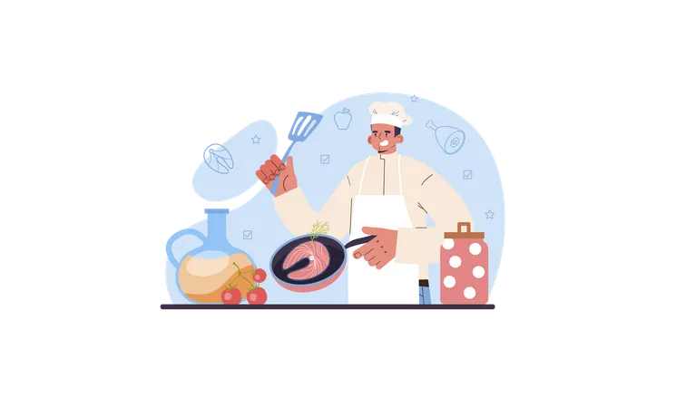 Chef Web Banner Or Landing Page Culinary Specialist Making And Serving A Tasty Dish According Cooking Technology Professional Worker In Apron On The Kitchen Flat Vector Illustration Illustration