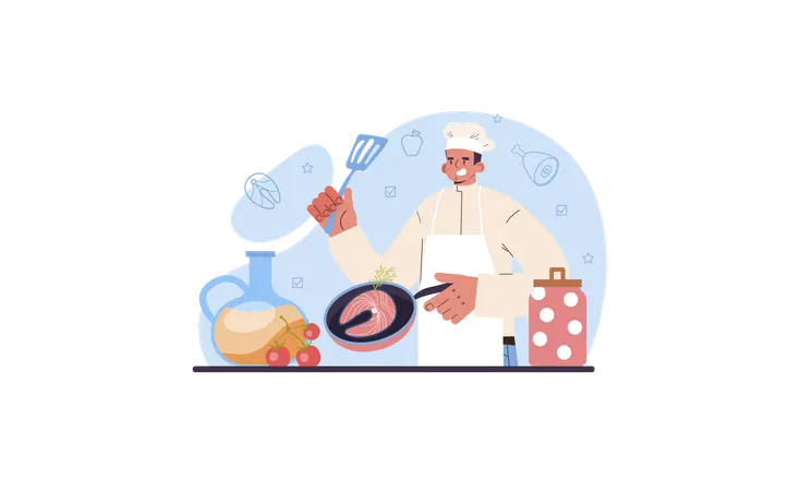 Culinary specialist making and serving tasty dish according cooking technology  Illustration