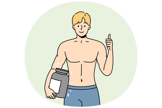 Culturista sonriente con proteína en las manos  Ilustración