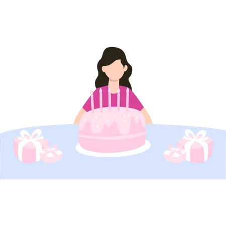 Cumpleañera sentada con pastel  Ilustración