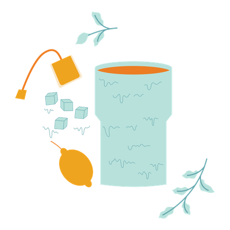 Cup of lemon tea with tea bag and leaves  Illustration