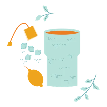 Cup of lemon tea with tea bag and leaves  Illustration