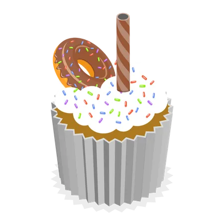 Cupcake au chocolat avec beignet dessus  Illustration