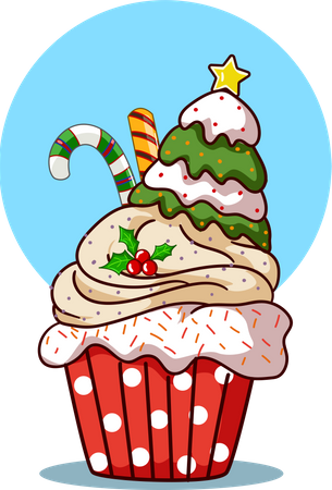 Cupcake con crema de árbol de Navidad y dulces.  Ilustración