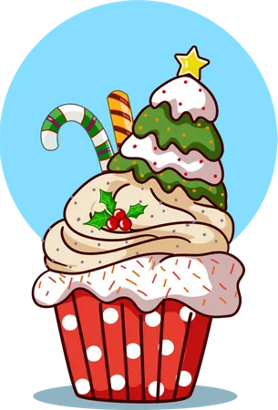 Cupcake con crema de árbol de Navidad y dulces.  Ilustración