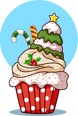 Cupcake with Christmas tree cream and candy  Illustration