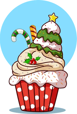 Cupcake with Christmas tree cream and candy  Illustration