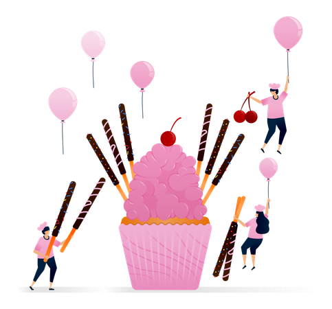 Cupcake with topping of pink icing and melted chocolate coated biscuit  Illustration