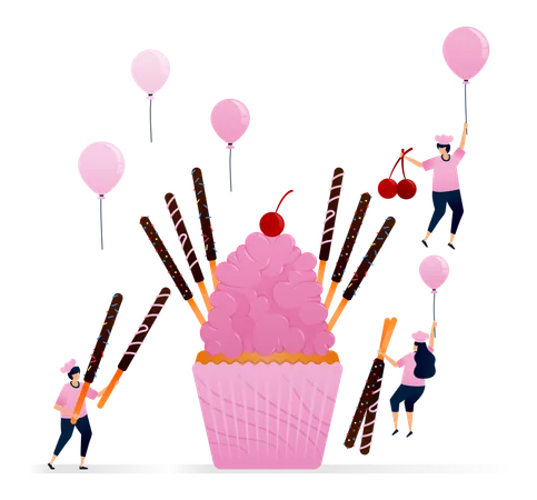 Cupcake with topping of pink icing and melted chocolate coated biscuit  Illustration