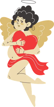 Cupid hugs bright red heart with love and affection  Illustration