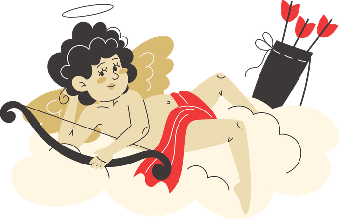 Cupid rests on fluffy cloud and holding his bow and love arrows  Illustration