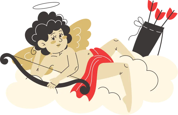 Cupid rests on fluffy cloud and holding his bow and love arrows  Illustration