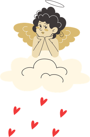 Cupid sits on cloud from which magical rain of red hearts falls  Illustration